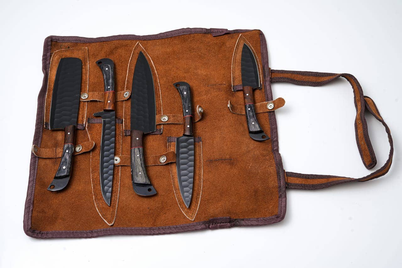 Kitchen Knife Set Hammered Black Carbon Steel | Pakkawood & Black WalnutHandles