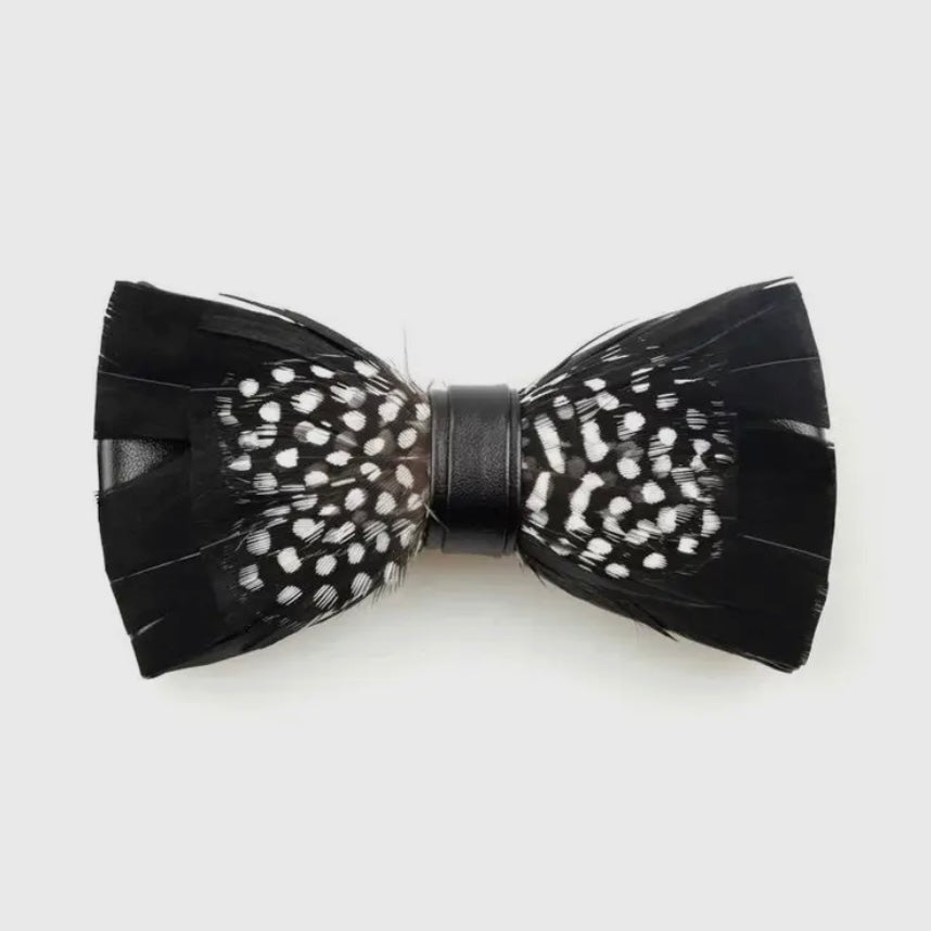Handmade Black and White Polka Dot Feather Bow Tie & Pin Set