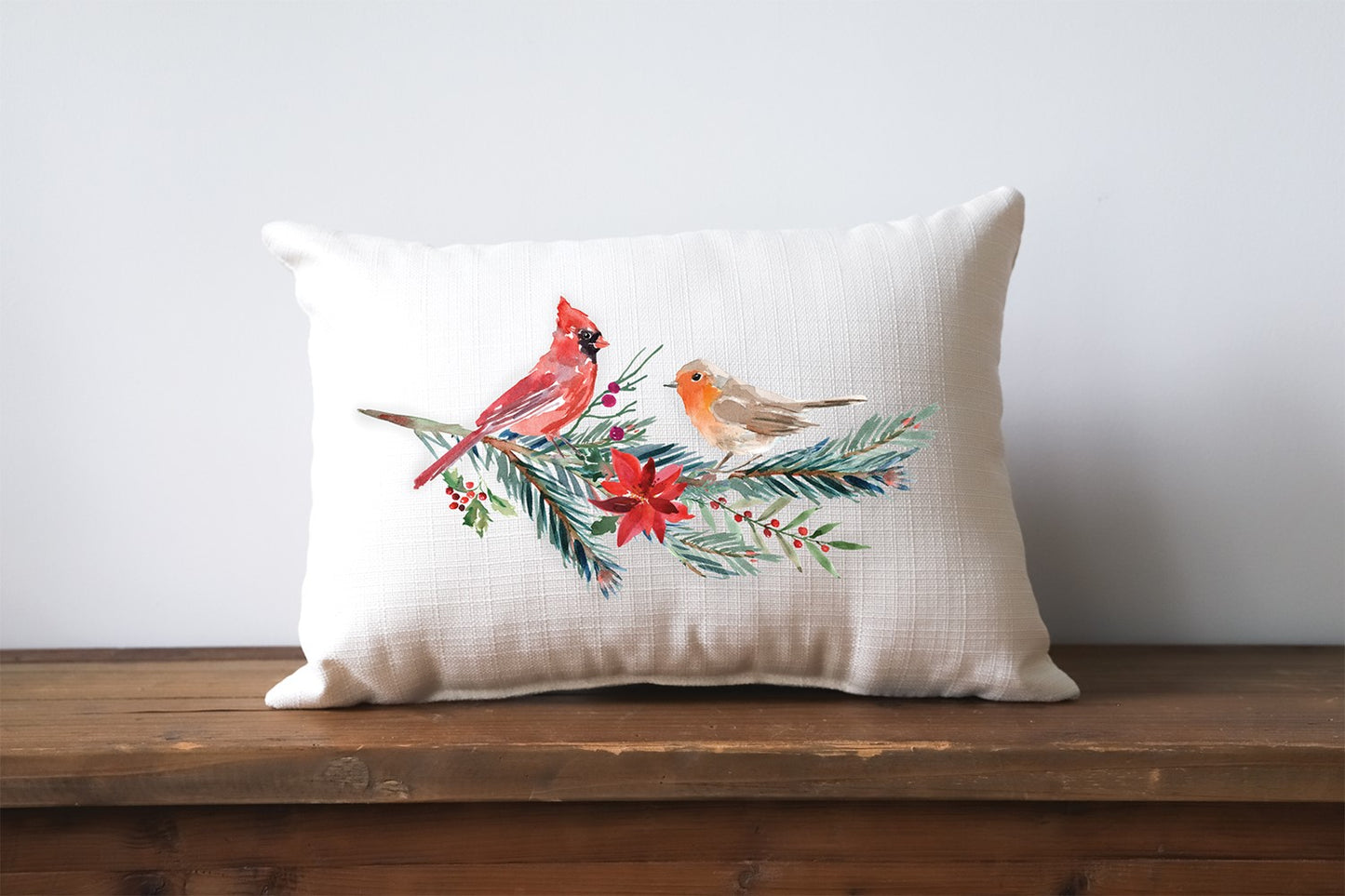 Cardinal & Robin on Branch Pillow