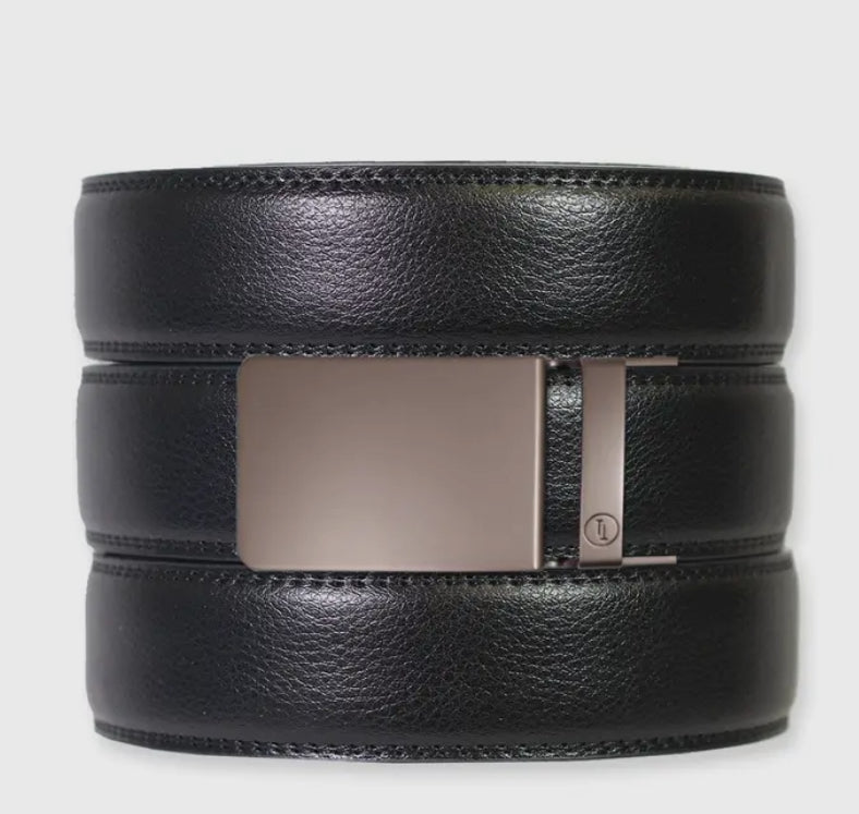 Black Leather Ratchet Belt & Gun Metal Buckle