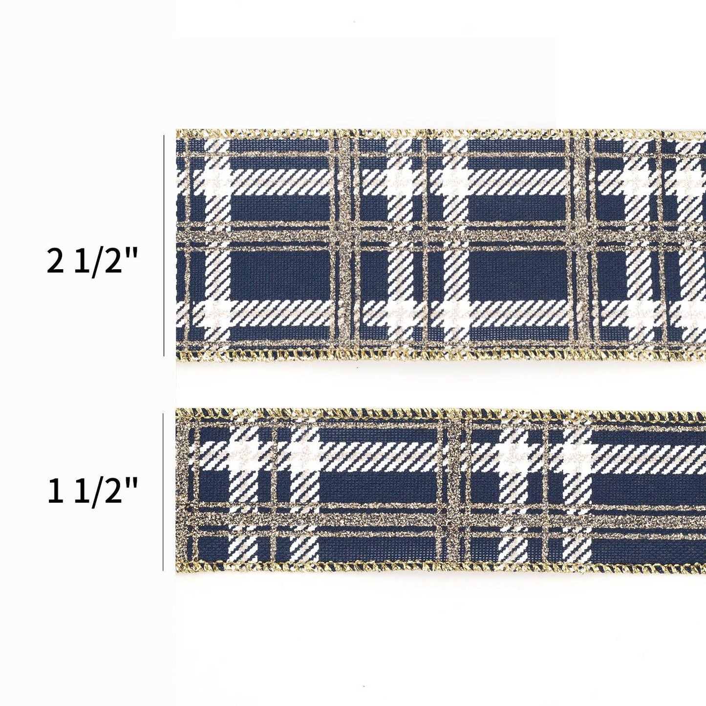 1 1/2" Printed Wired Ribbon | Plaid Blue/White/Gold | 10 Yrd