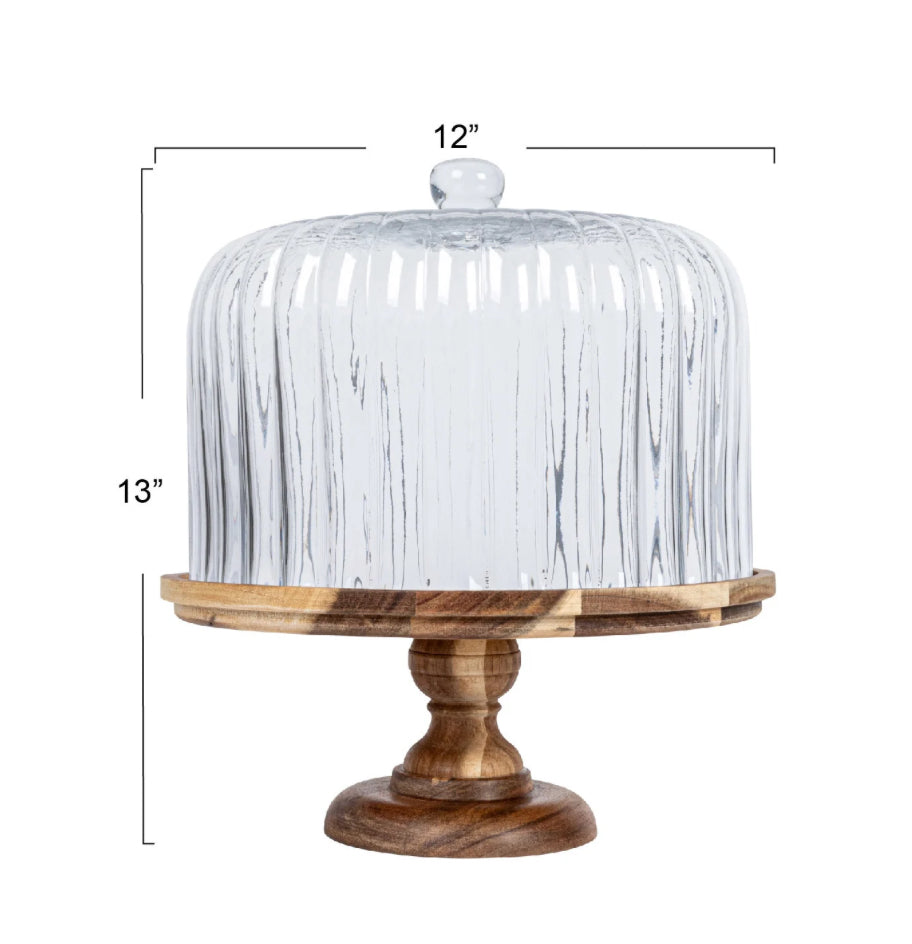 Acacia Cake Stand w/ Fluted Glass Cloche