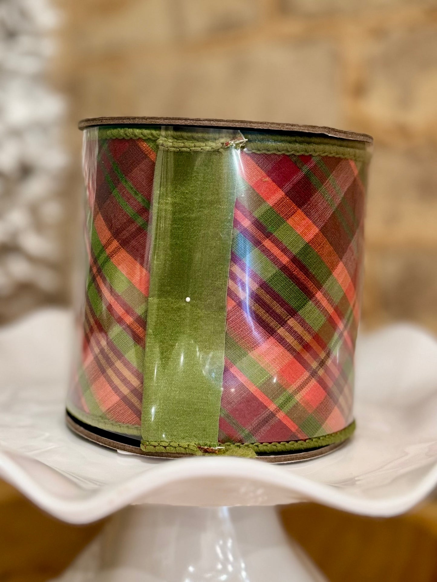 PLAID TIERRA SAGE DIAGONAL FUSED DUPIONI BACKED WIRED EDGE RIBBON