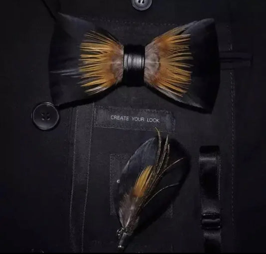 Handmade Orange Feather Bow Tie & Pin Set