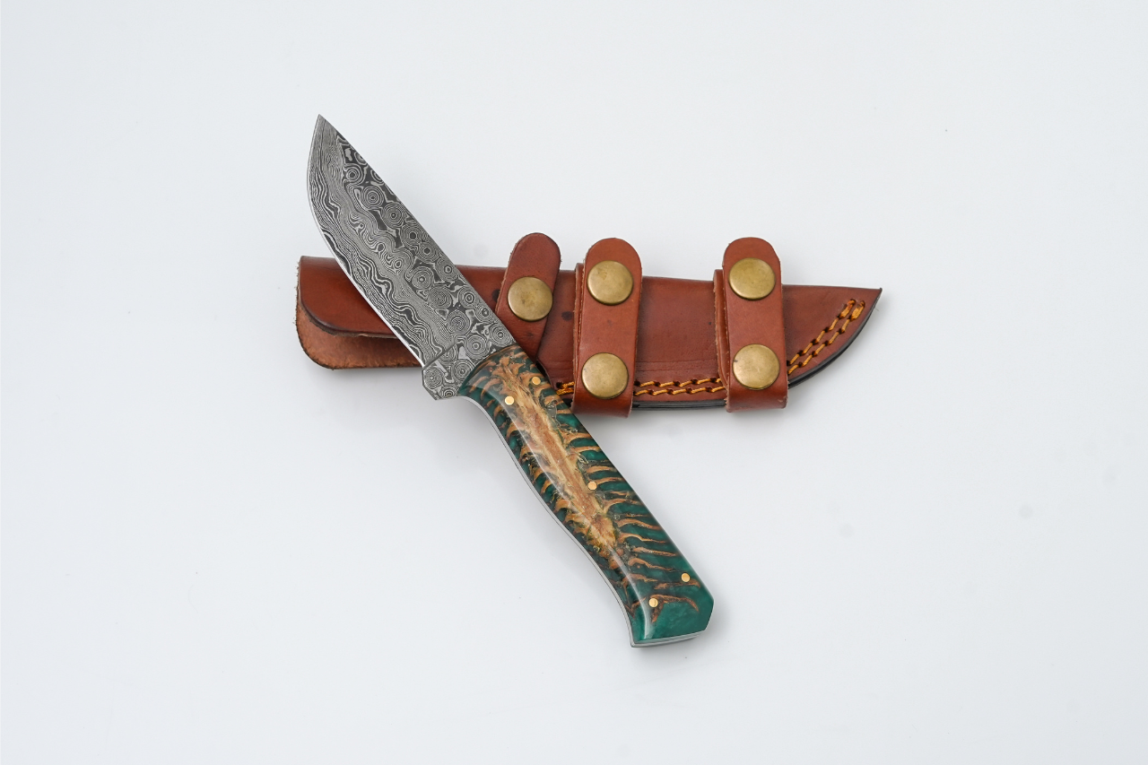 Damascus Steel/Teal Hybrid Resin–Wood Handle