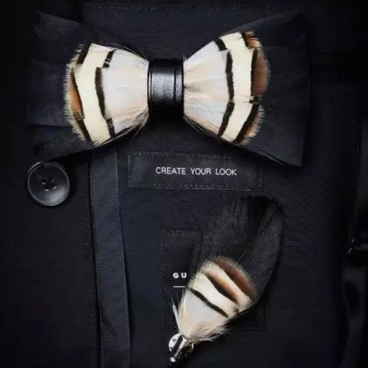 Handmade Wild Feather Bow Tie & Pin Set