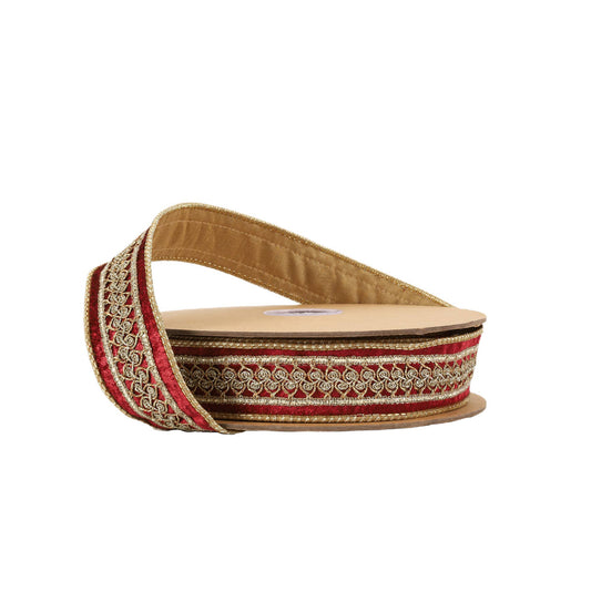 1 1/2" Double-Fused Wired Velvet Ribbon w/ Metallic Trim | 10 Yard Roll: Burgundy / Gold
