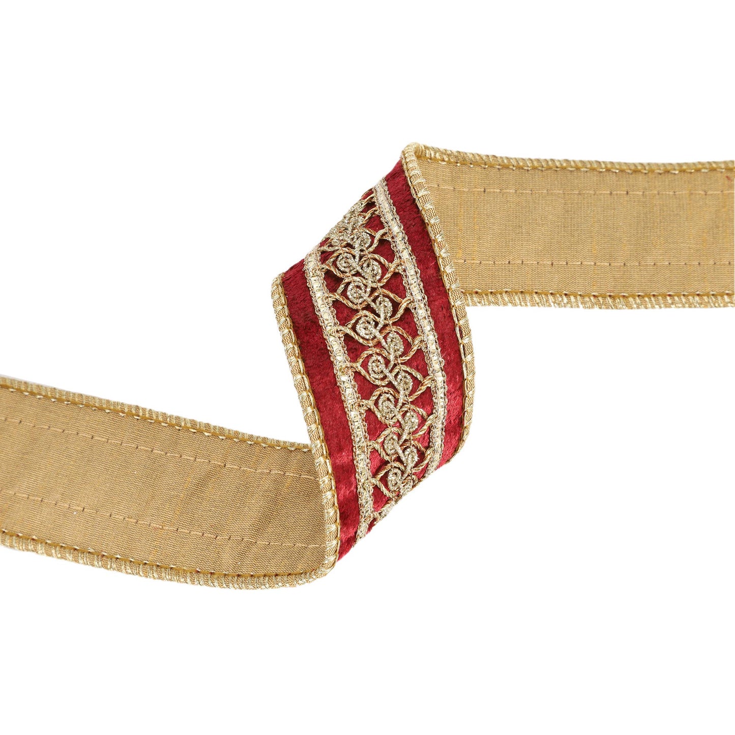1 1/2" Double-Fused Wired Velvet Ribbon w/ Metallic Trim | 10 Yard Roll: Burgundy / Gold