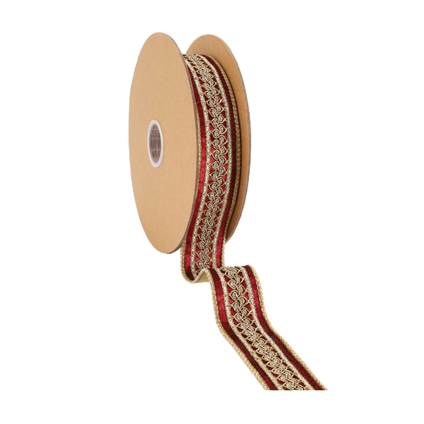 1 1/2" Double-Fused Wired Velvet Ribbon w/ Metallic Trim | 10 Yard Roll: Burgundy / Gold