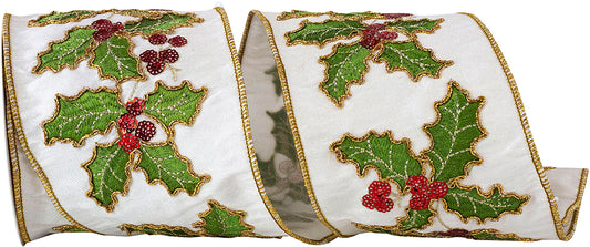 Holly Leaves Sequin Embroidered Dupioni Wired Edge Ribbon