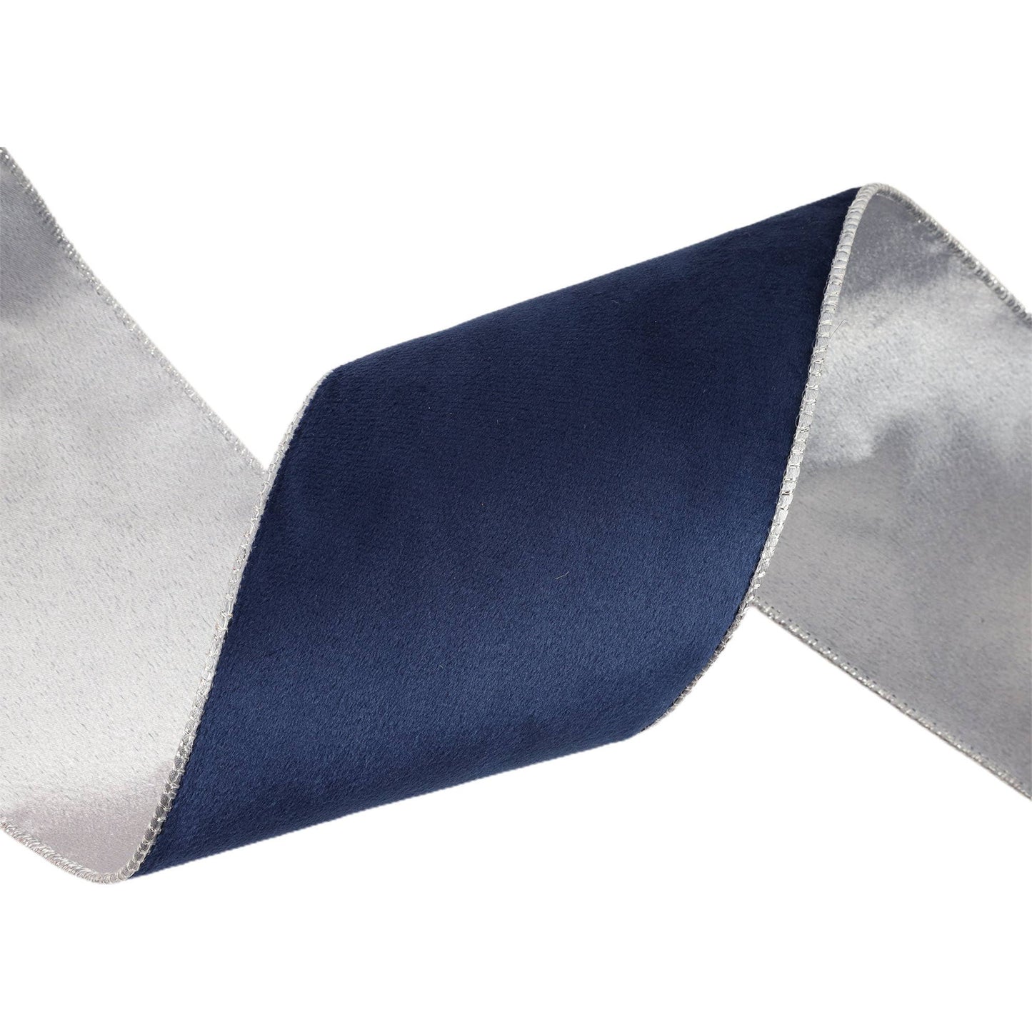 4" Reversible Classic Velvet Wired Ribbon, Navy/Silver, 10 Yard