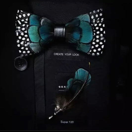 Handmade Green Polka Dot Feather Bow Tie & Pin Set