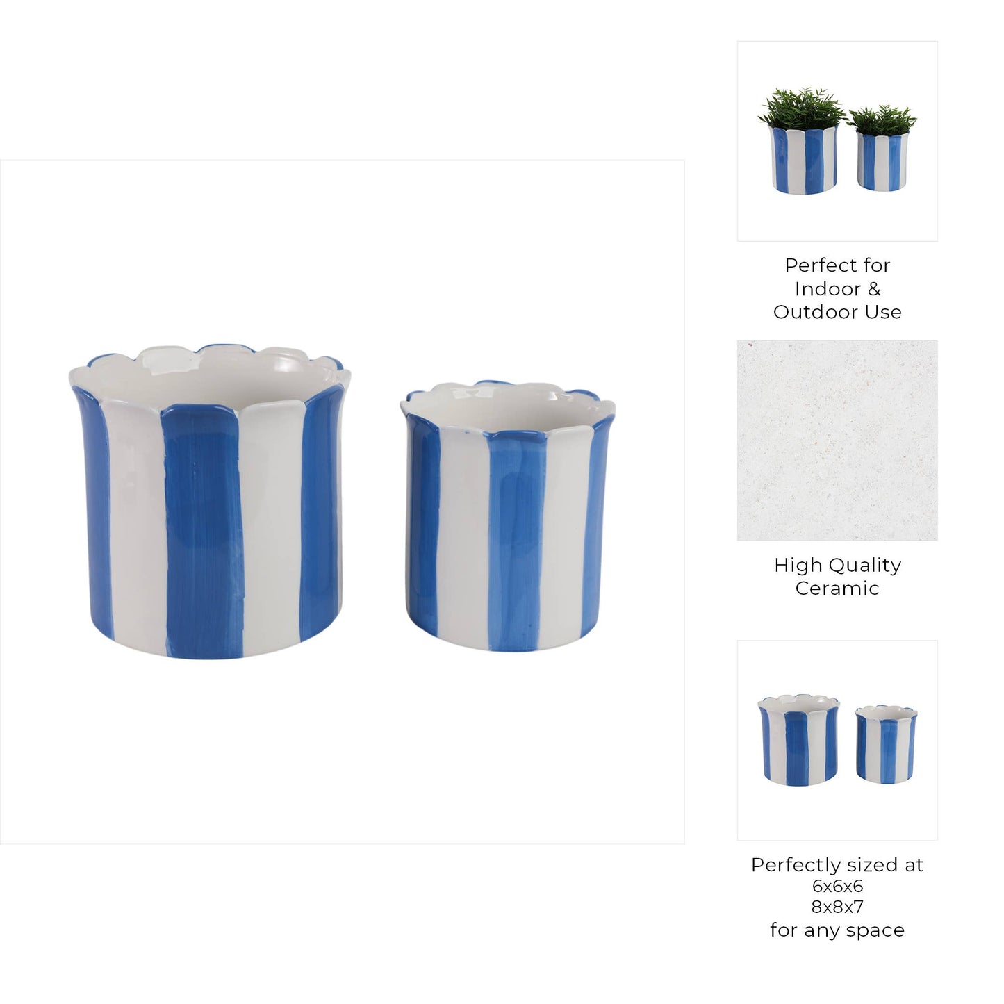 Blue Ceramic Striped Scallop Planter- 2 Sizes