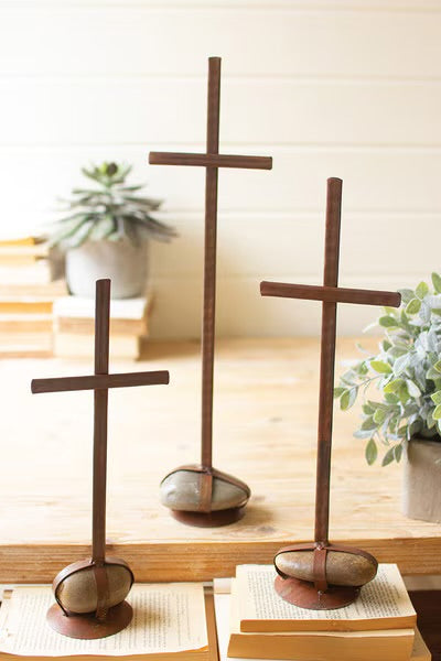 Metal Crosses with Caged Rock Bases- Set of 3