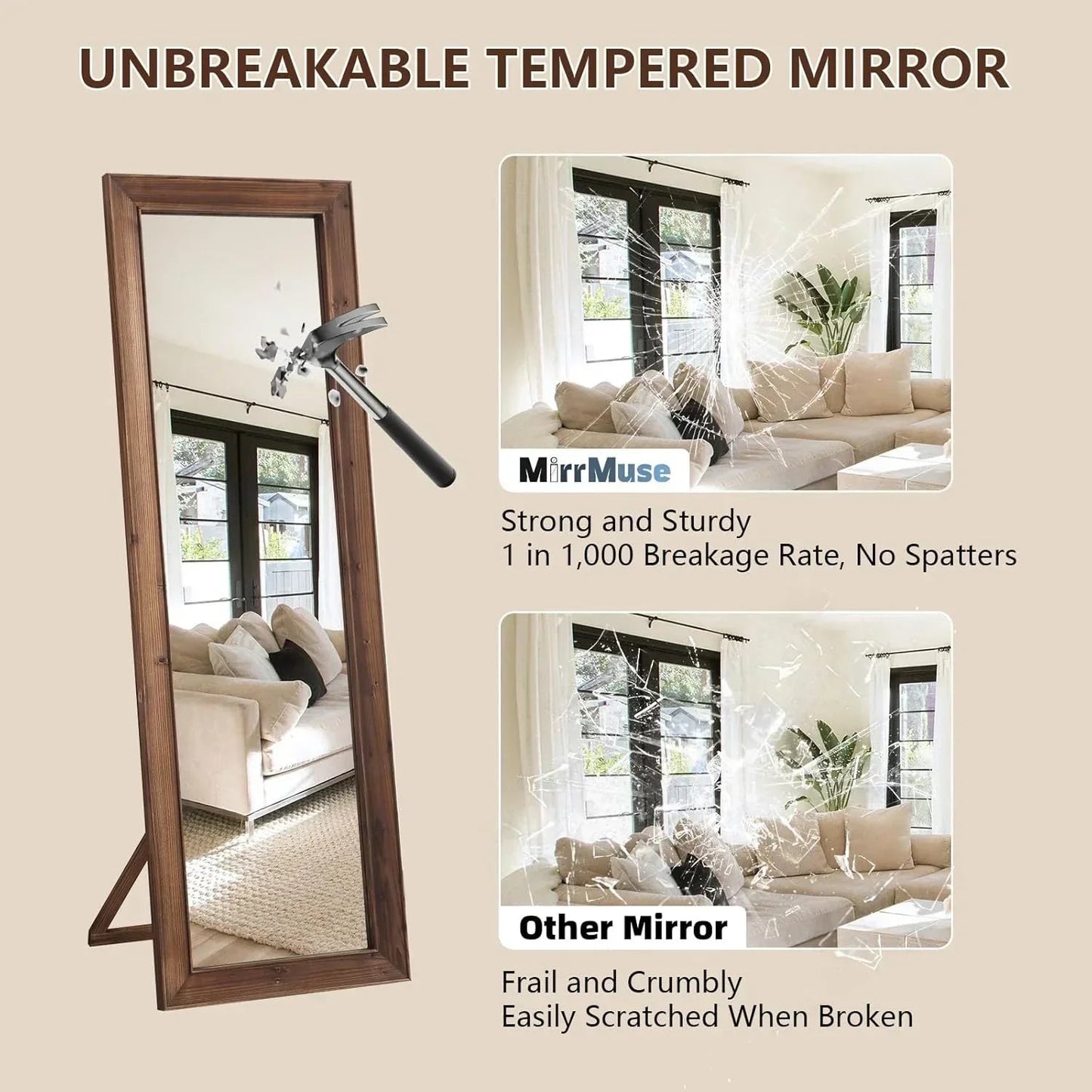 Rustic Farmhouse Full Length Mirror- Wooden