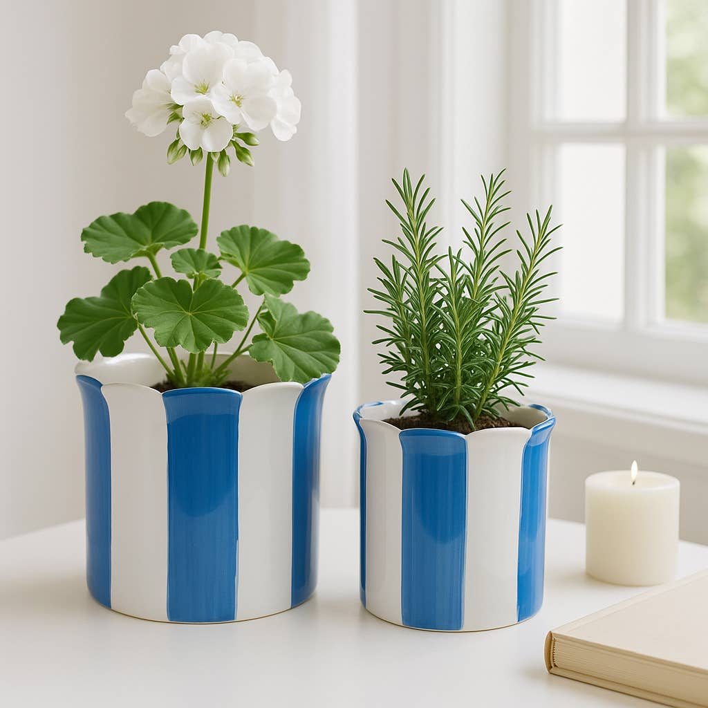 Blue Ceramic Striped Scallop Planter- 2 Sizes