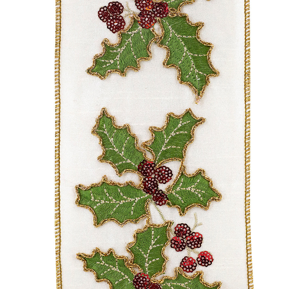 Holly Leaves Sequin Embroidered Dupioni Wired Edge Ribbon