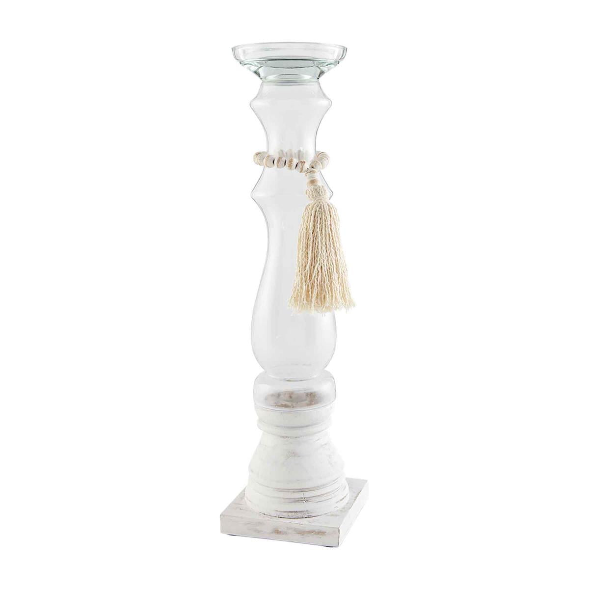 Glass & Beaded Wood Candlesticks- White