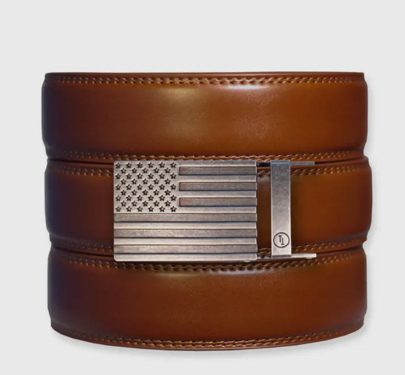 Cognac Leather Belt & American Flag Iron Buckle