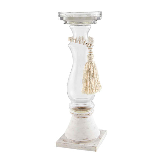 Glass & Beaded Wood Candlesticks- White