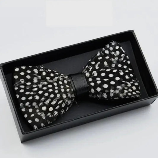 Handmade Natural Bird Feather Polka Dot Bow Tie & Pin Set