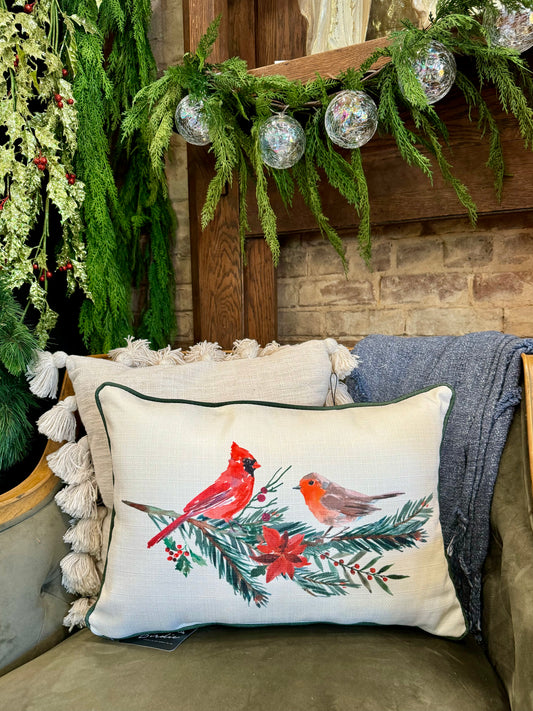 Cardinal & Robin on Branch Pillow