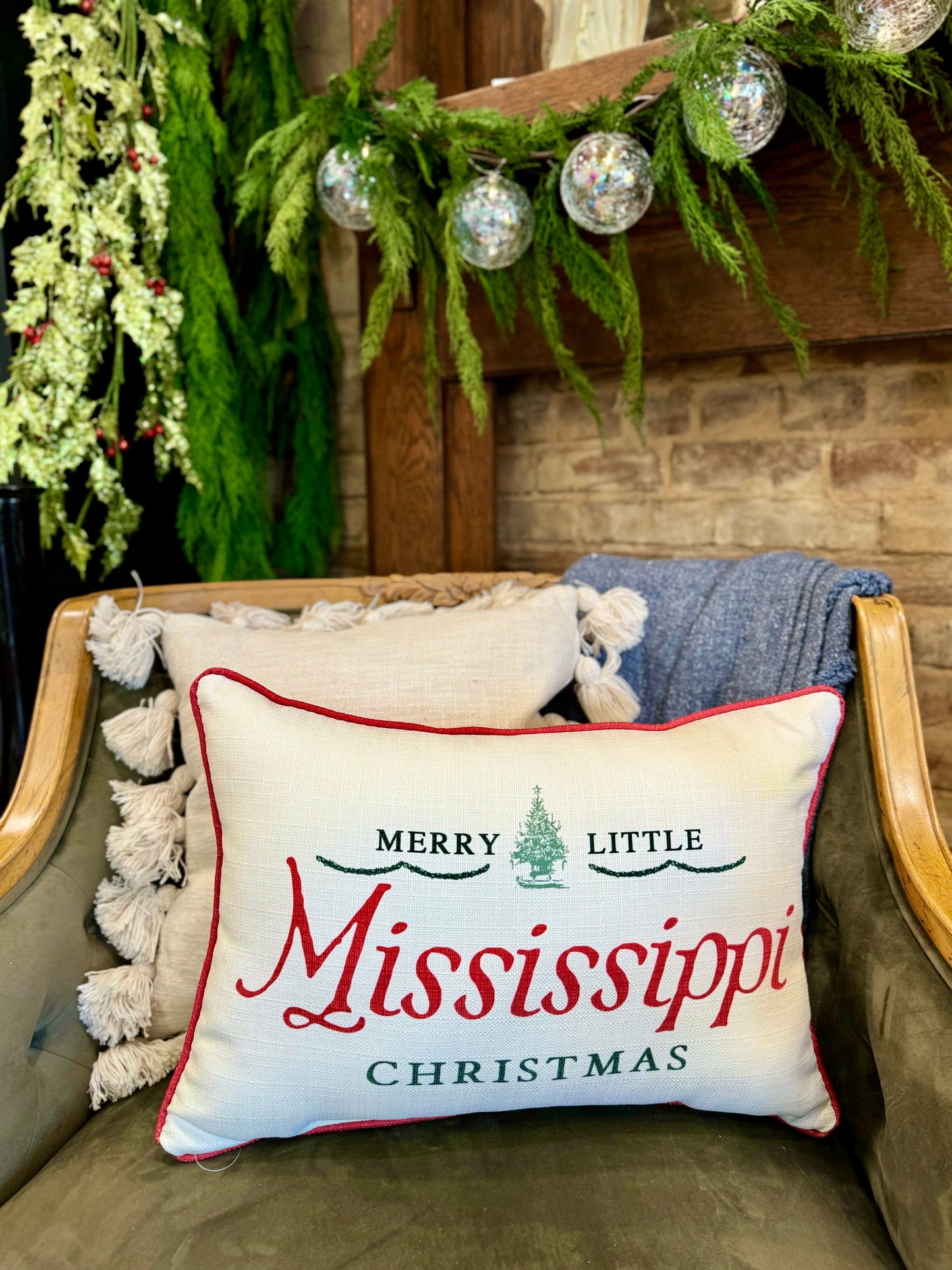 Vintage Merry Little Christmas Pillow- Mississippi