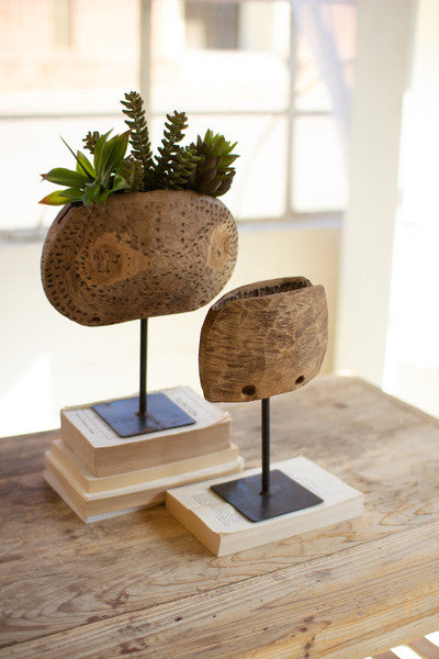 Repurposed Wooden Cowbell Planters/Iron Stand