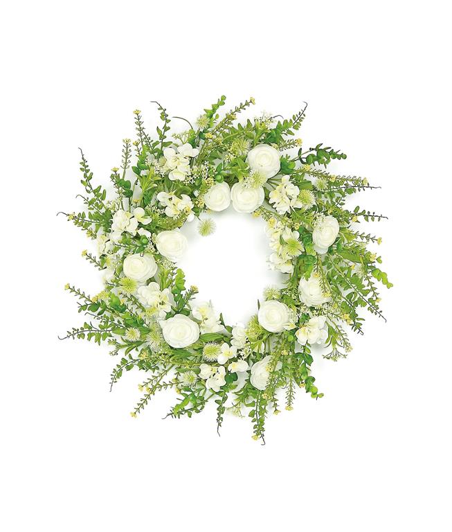 Ranunculus, Blossom & Seed Wreath, 24" Cream