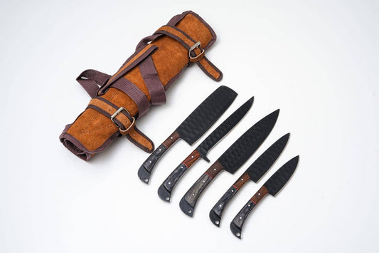 Kitchen Knife Set Hammered Black Carbon Steel | Pakkawood & Black WalnutHandles