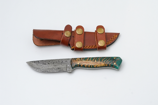 Damascus Steel/Teal Hybrid Resin–Wood Handle