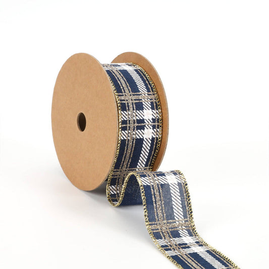 1 1/2" Printed Wired Ribbon | Plaid Blue/White/Gold | 10 Yrd