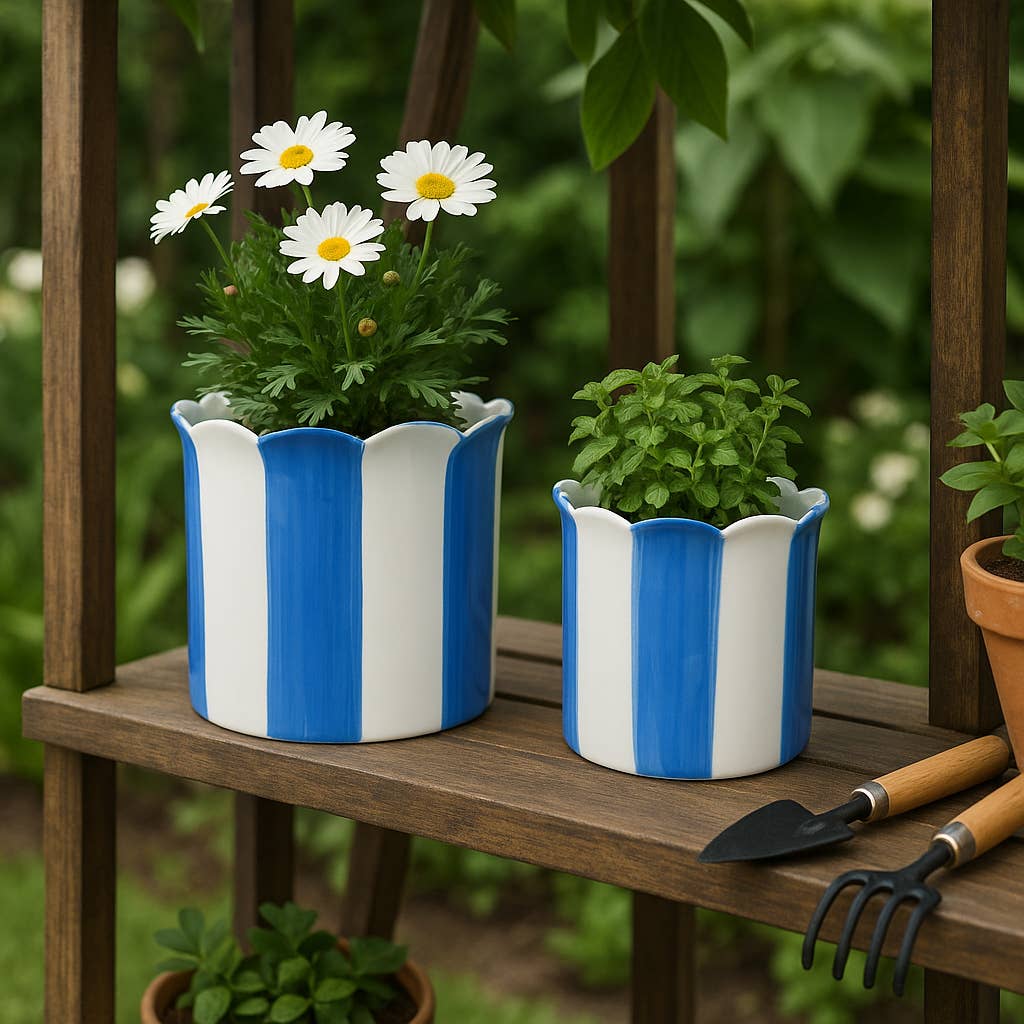 Blue Ceramic Striped Scallop Planter- 2 Sizes