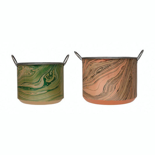 Metal Bucket with Handles and Marbled Pattern