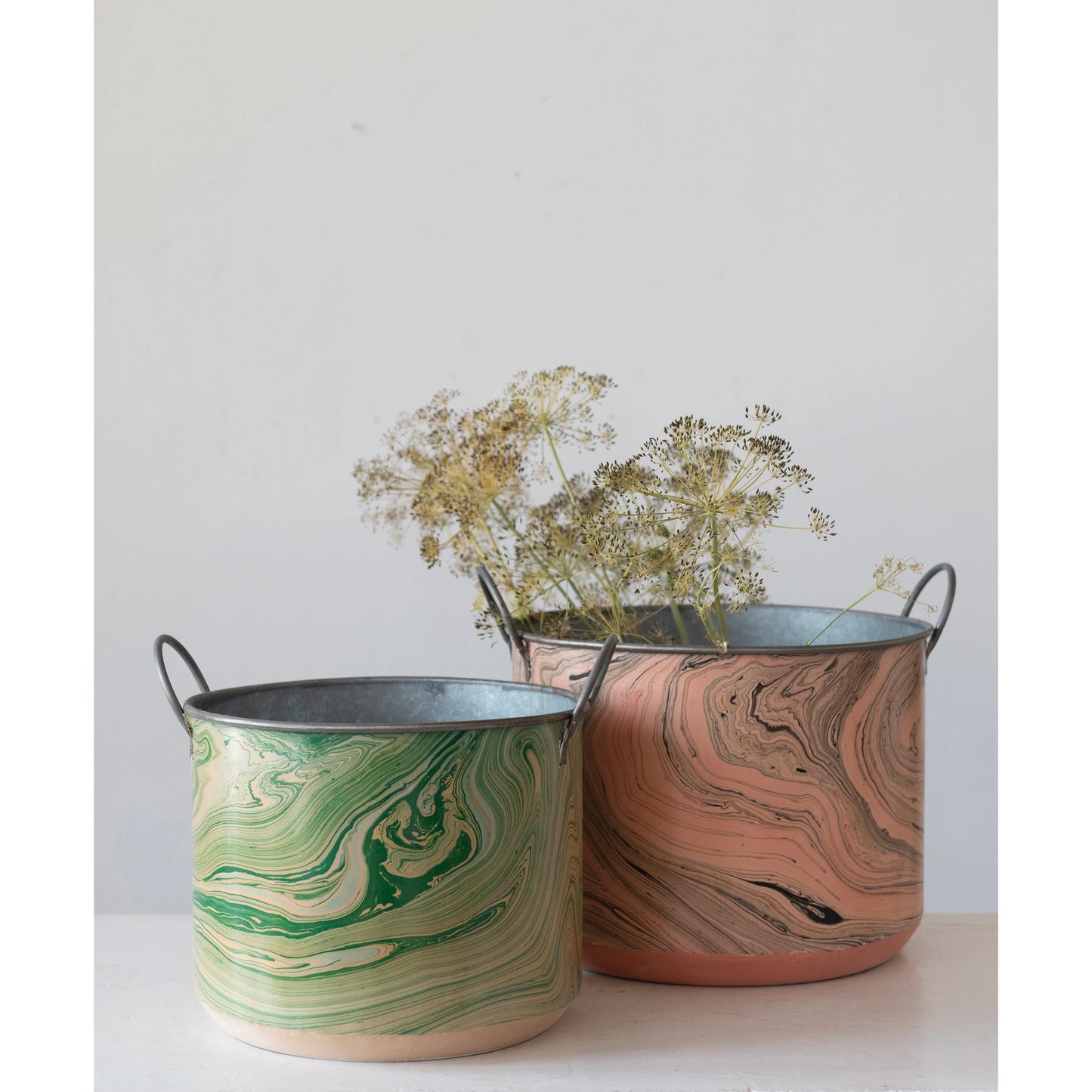 Metal Bucket with Handles and Marbled Pattern