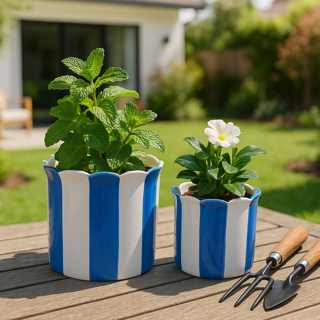 Blue Ceramic Striped Scallop Planter- 2 Sizes