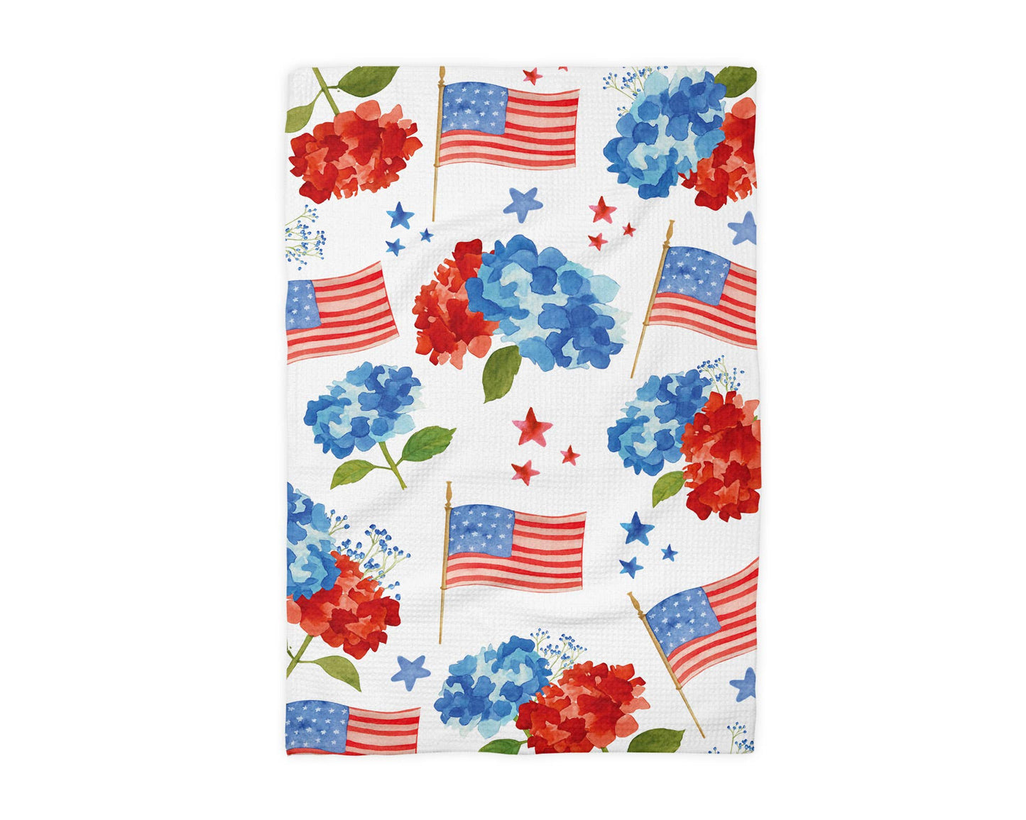 4th July Hydrangea Red White Blue Flag Kitchen Towel Waffle