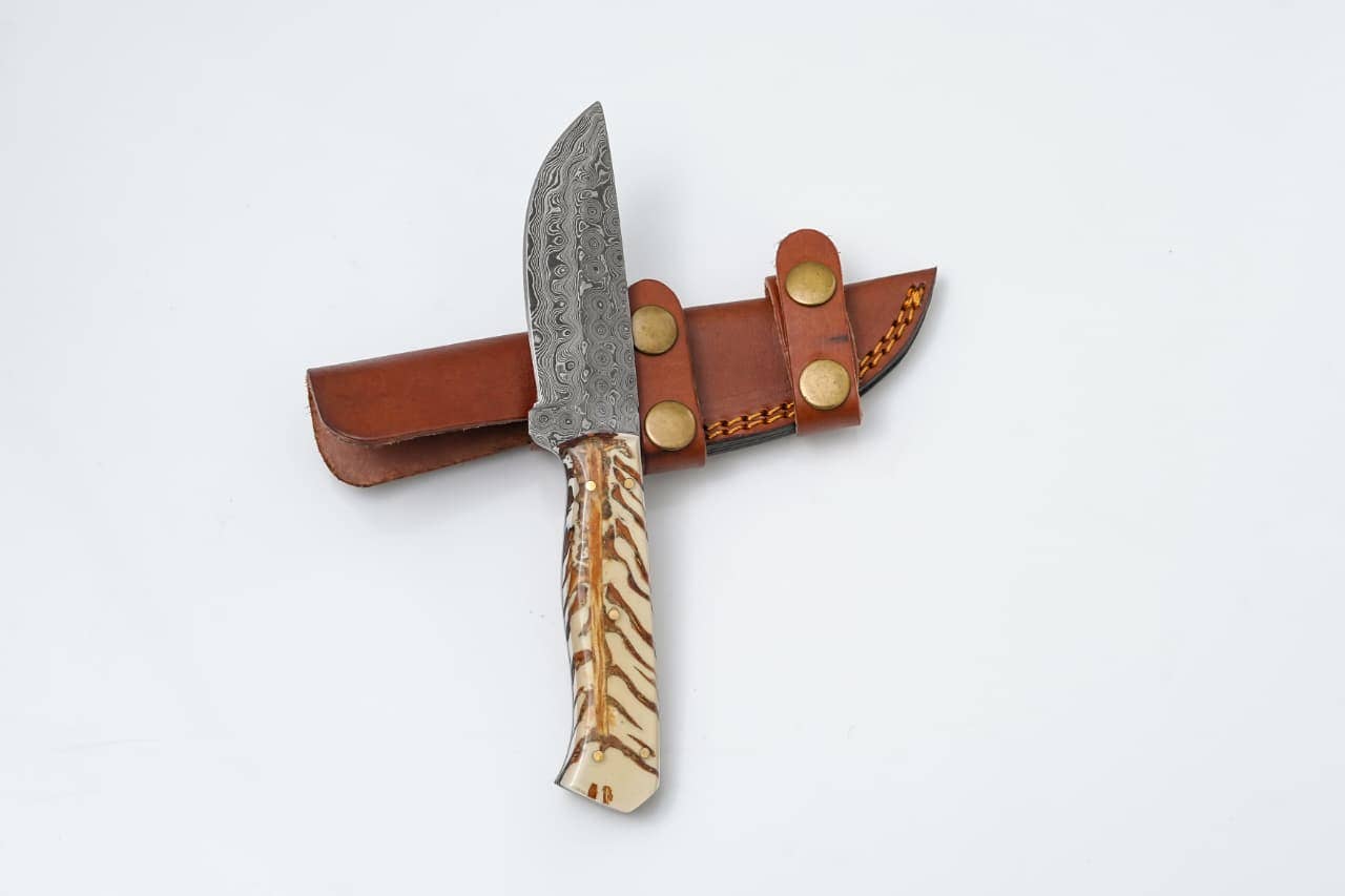 Damascus Steel Knife with Camel Bone Handle & Leather Sheath
