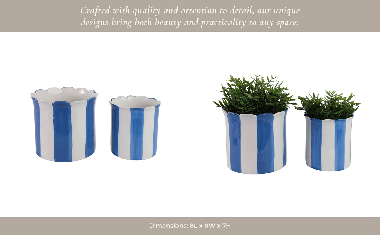 Blue Ceramic Striped Scallop Planter- 2 Sizes