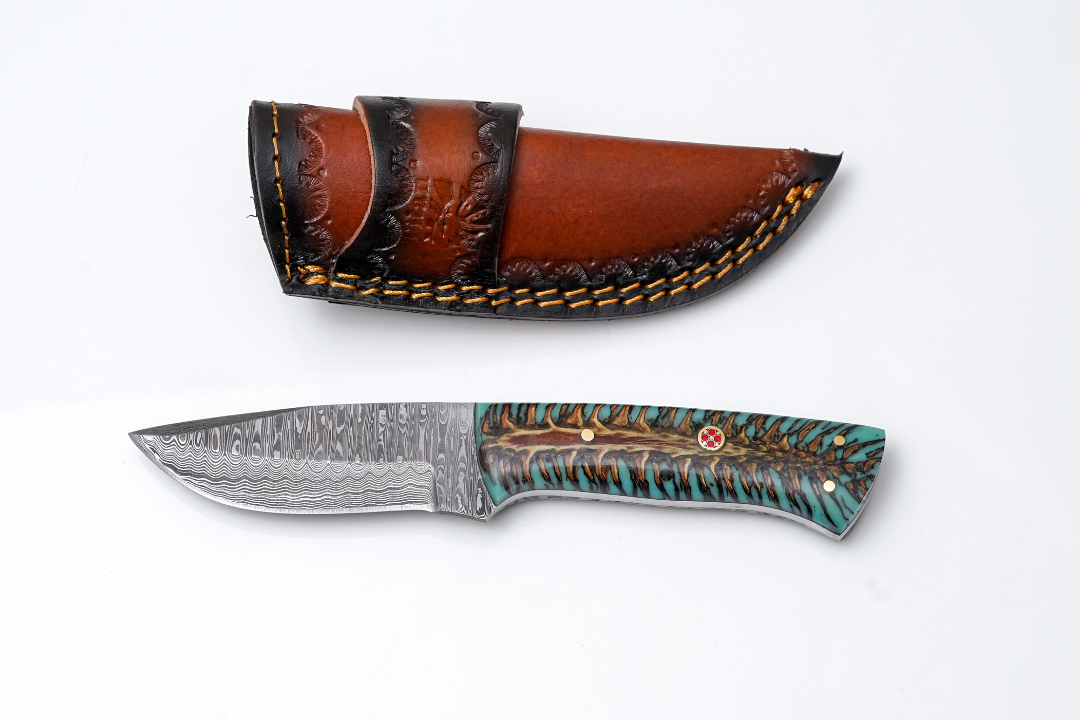 Damascus Steel Skinner Knife, Pine Cone/Teal Resin Handle
